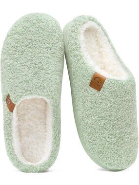 Women Green Pull-On Curly Fleece House Shoes Warm Indoor Outdoor Fuzzy Slippers